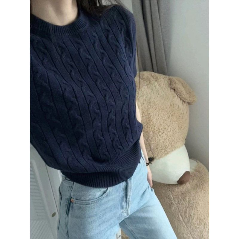 Retro Cable-Knit Crew-Neck Short-Sleeve Knit T-Shirt For Summer