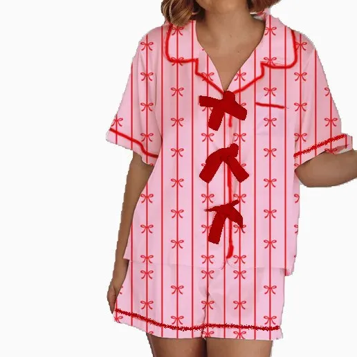 Heart Printing Short sleeved Shorts Casual Suit Women's Homewear Small Bowknot - Shop at LoveMi