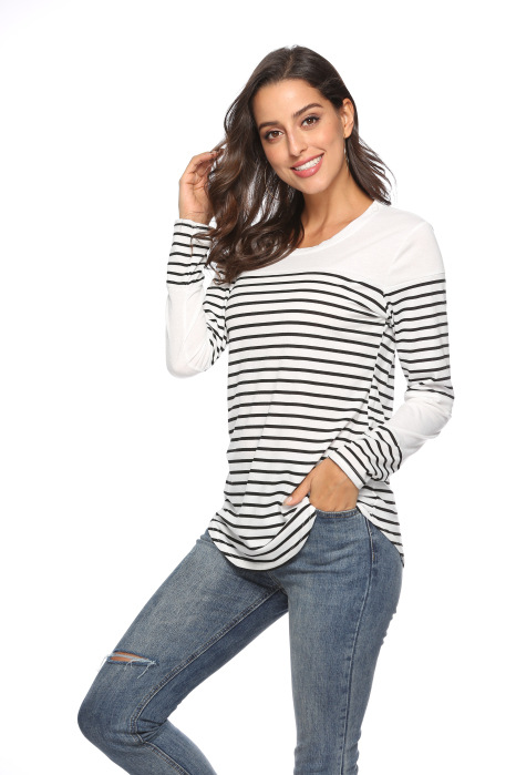 Title 3, Casual striped stitching long-sleeved loose T-s...