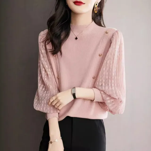 Women's Semi High Neck Base Sweater Short Lantern Sleeve Top Pink - Shop at LoveMi