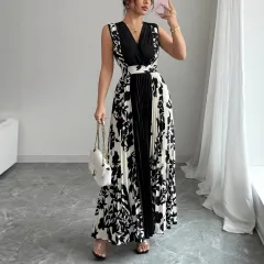 Sleeveless Printed Temperament V-neck Color-block Midi Dress - Black - View 1