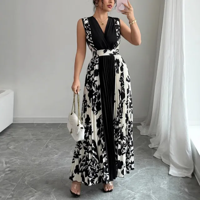 Sleeveless Printed Temperament V neck Color block Midi Dress Black - Shop at LoveMi