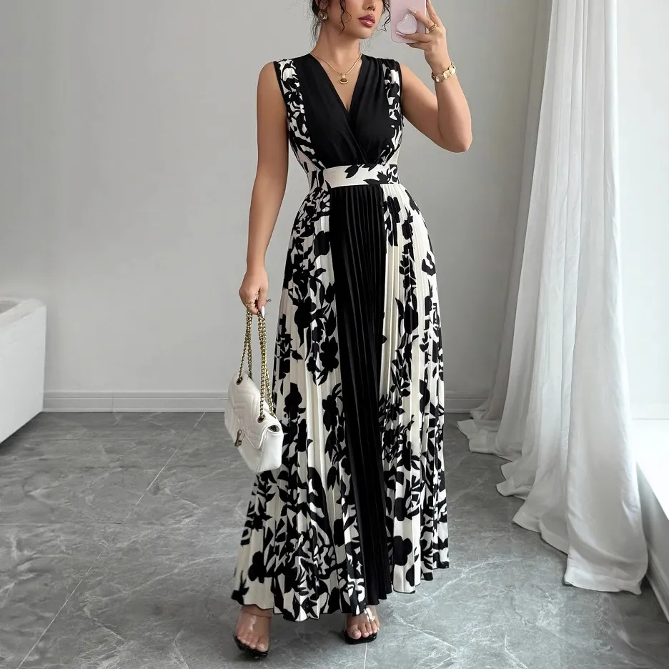 Sleeveless Printed Temperament V-neck Color-block Midi Dress - Black