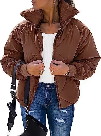 Women's Long Sleeve Zipper Winter Quilted Short Cotton Jacket Women's Bread Dark Brown - Shop at LoveMi