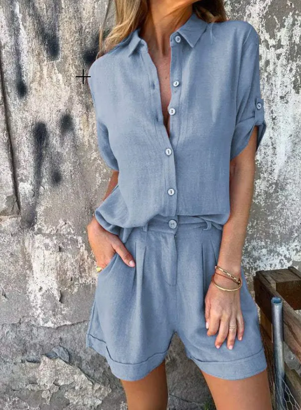 Short sleeved Suits Fashion Lapel Button Shirt Top And Pocket Shorts Women's Clothing Blue - Shop at LoveMi