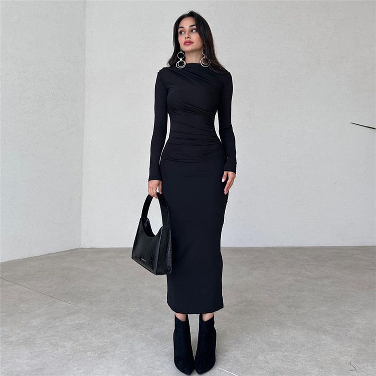 European And American Slim-fit High-grade Pure Color Temperament Long Sheath Dre