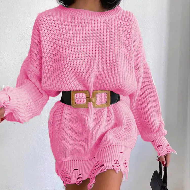 Solid Color Round Neck Long Sleeve Burrs Loose Knitted Pullover - Pink