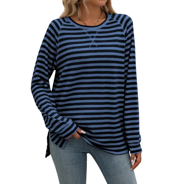 Striped Contrast Color Round Neck Long Sleeve Loose fitting T shirt Top Dark Blue - Shop at LoveMi