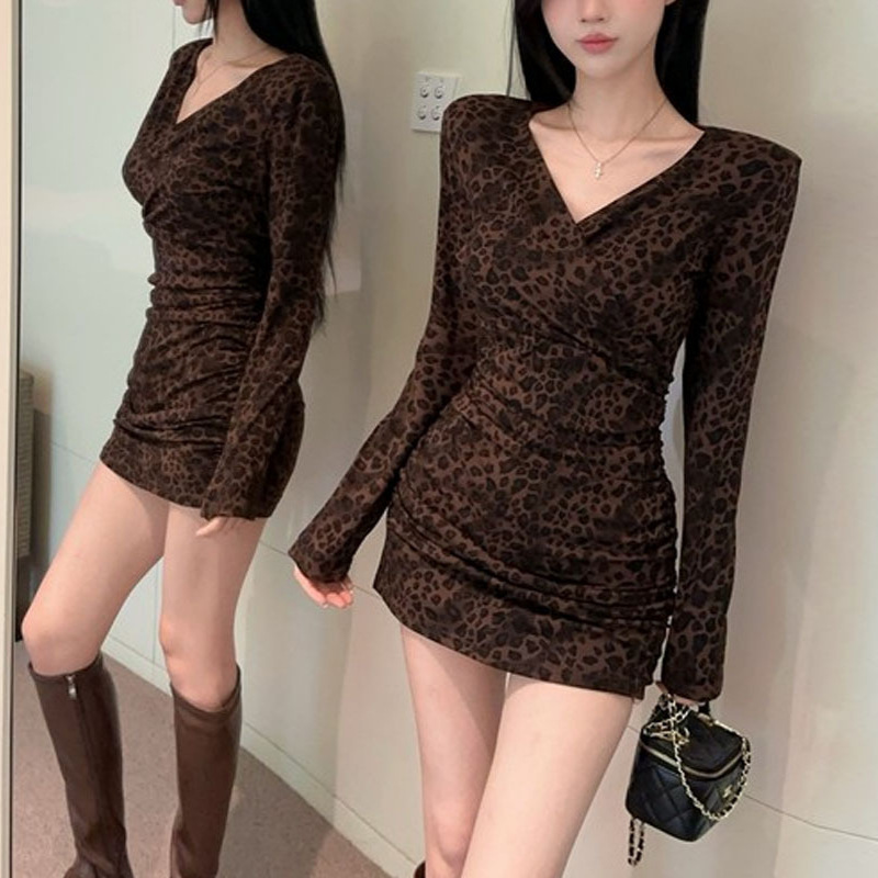 Womens French-Style V-Neck Leopard-Print Long-Sleeve Dress