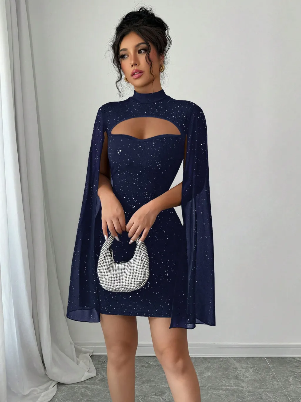 Round-neck Ribbed Pearl Chiffon Cape Bodycon Dress - Navy