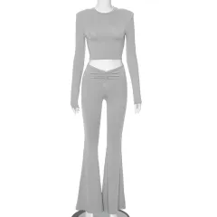 European And American Solid Colour Padded Shoulder Long Sleeve Top High Waist Trousers Suit - Grey - View 1