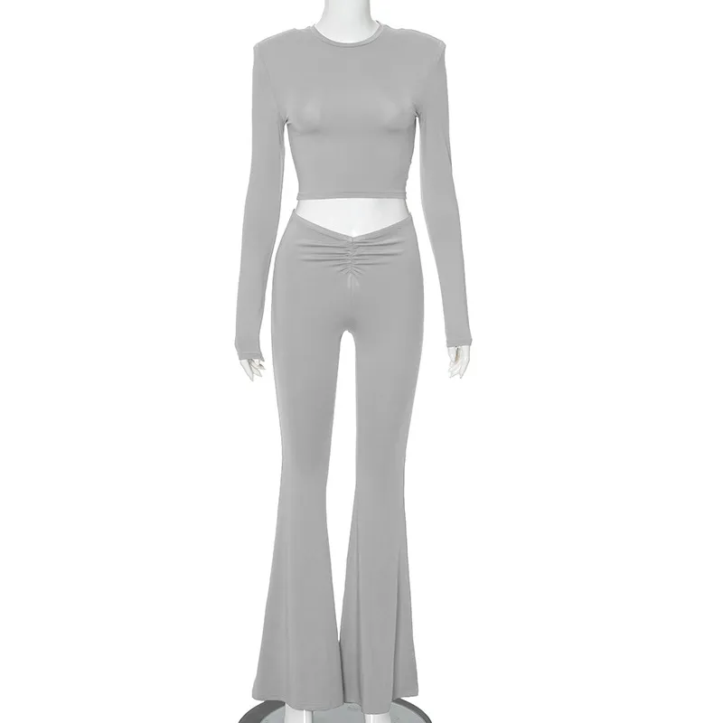 European And American Solid Color Padded Shoulder Long Sleeve Top High Waist Trousers Suit - Gray
