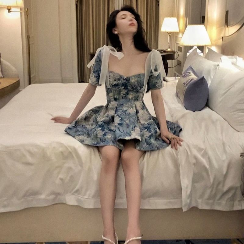 Jardin Monet Light Luxury Oil Painting Temperament Waist-controlled Tulle Tutu Dress