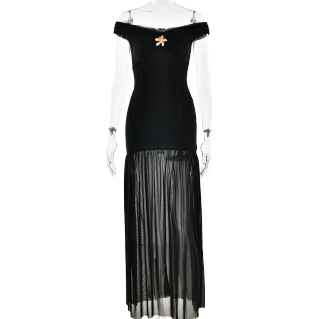 Lady Sexy Mesh Stitched Backless Pleated Slim Fit Long Dress Black - Shop at LoveMi