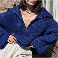 Pullover Solid Colour Women's Zipper Loose Casual Knitted Sweater For Women - Blue - View 1