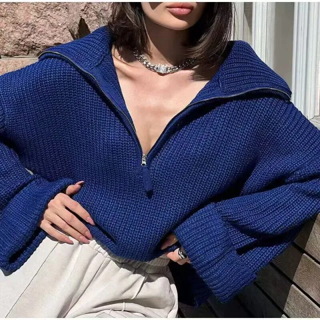 Pullover Solid Color Women's Zipper Loose Casual Knitted Sweater For Women Blue - Shop at LoveMi