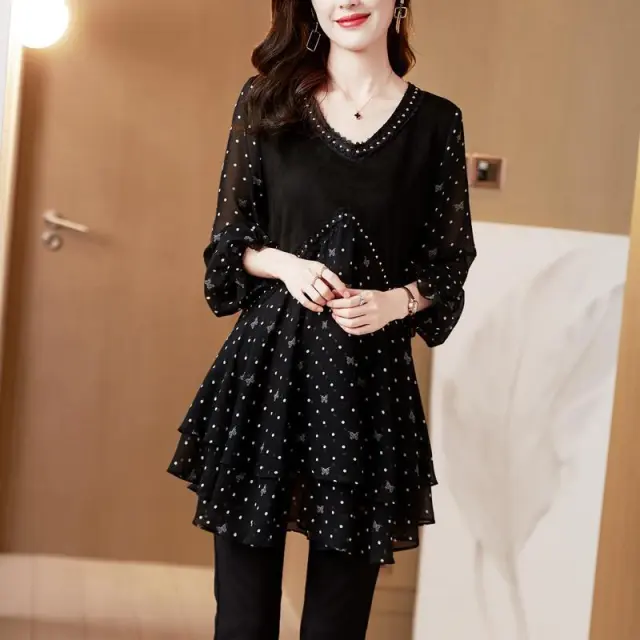 Womens Mid Length Polka Dot Chiffon Floral Casual Top Black - Shop at LoveMi
