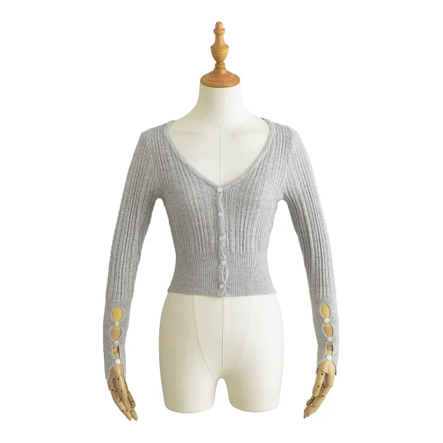 American Pure Desire Sexy V neck Single breasted Long Sleeve Sweater Gray - Shop at LoveMi