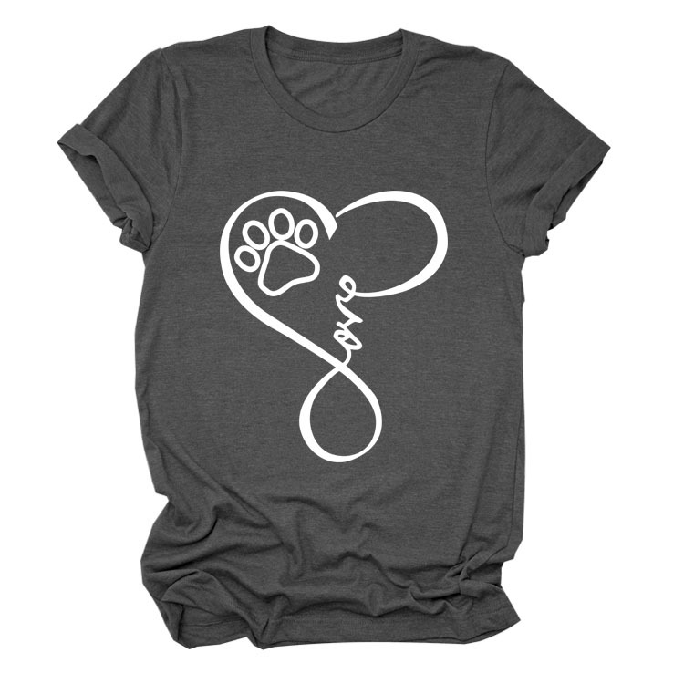 Dog Print Heart Printing Round Neck Short Sleeve Women's Clothing White - Shop at LoveMi