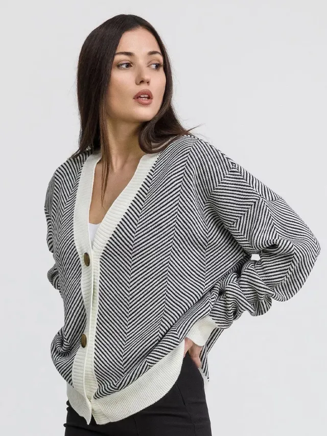 Contrast Striped Sweater Jacket, Long Sleeved Top White - Shop at LoveMi