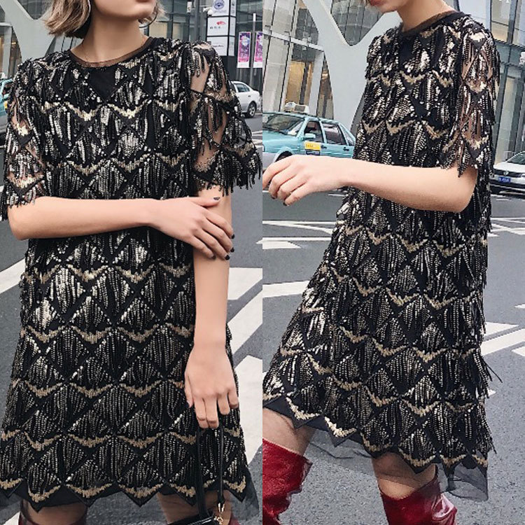 Sequin Tassel Short-Sleeve Dress, picture 5 of 7