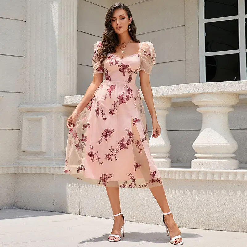 Embroidered Printed Waist Off-shoulder Dress