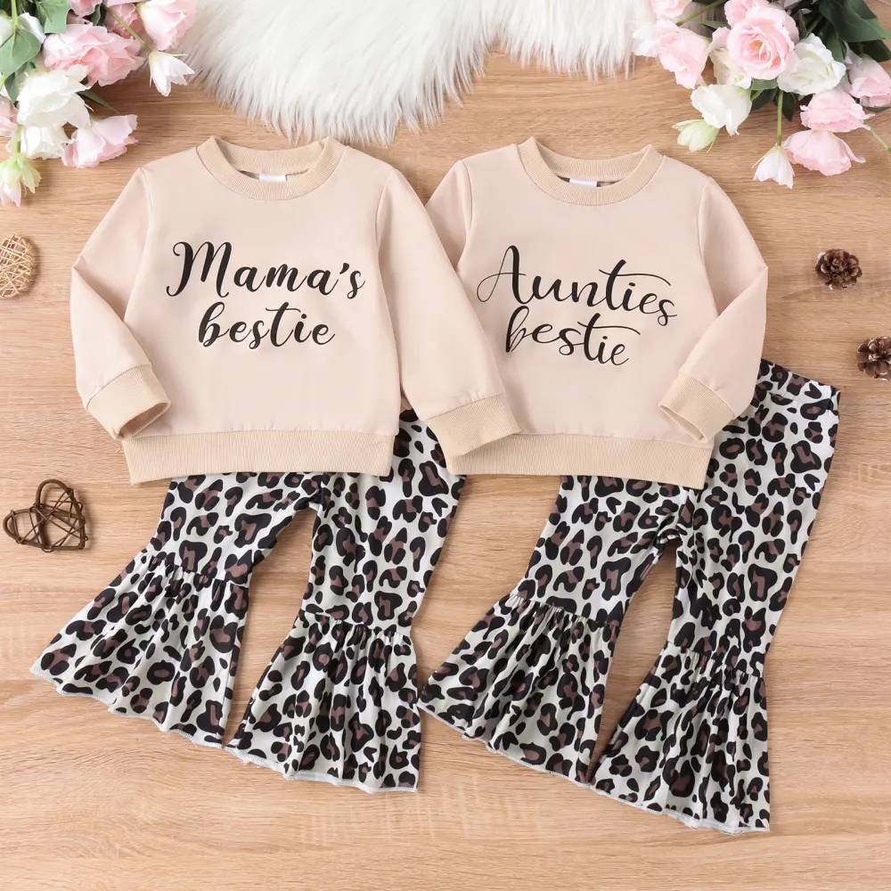 Parent-child Clothes Suit Girls' Sweater Top Leopard Print Bell-bottom