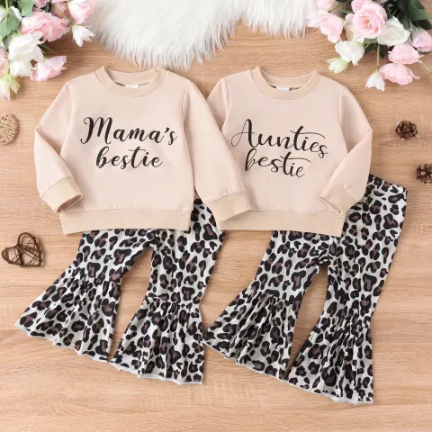 Parent-child Clothes Suit Girls' Sweater Top Leopard Print Bell-bottom
