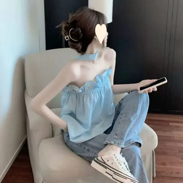Womens Solid color Off shoulder Top With Ruffled Trim Blue - Shop at LoveMi