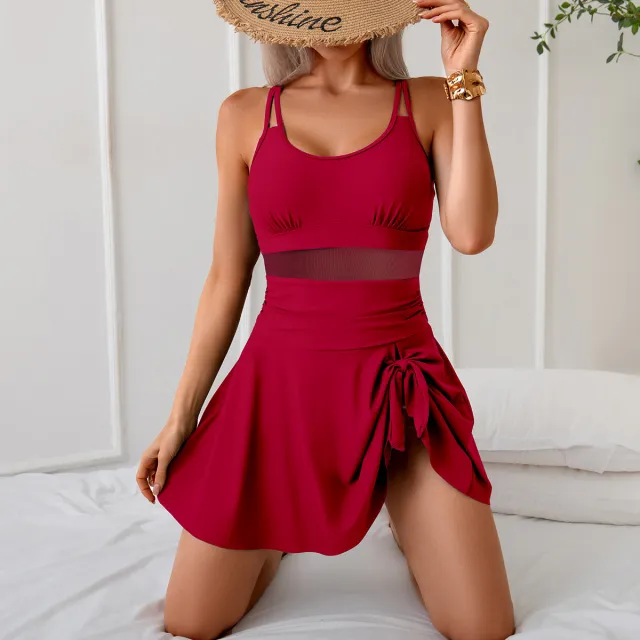 Swimsuit Female Skirt Style Stitching Mesh Plus Size One Piece Swimsuit Wine - Shop at LoveMi