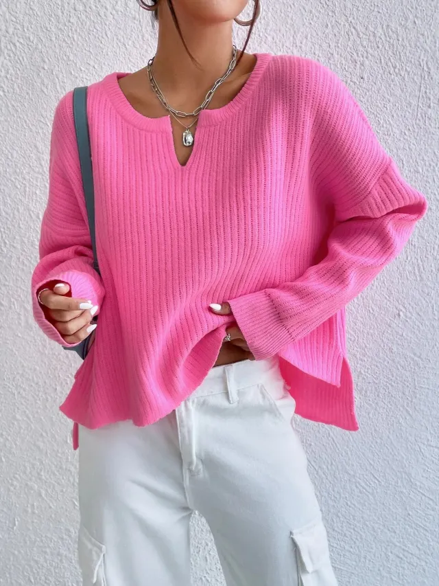 Women's Solid Color Sweater Niche V neck Loose Leisure All matching Long Sleeve Sweater Rose - Shop at LoveMi