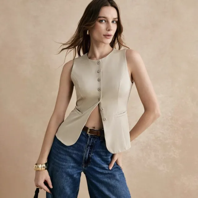 European And American Commuters' Simple Fashion Button Solid Color Vest Khaki - Shop at LoveMi