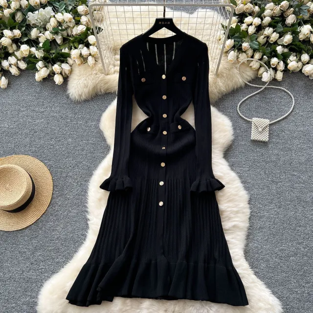 V neck Metal Buckle Slim Fit Slimming Flounce Knitted Dress Black - Shop at LoveMi