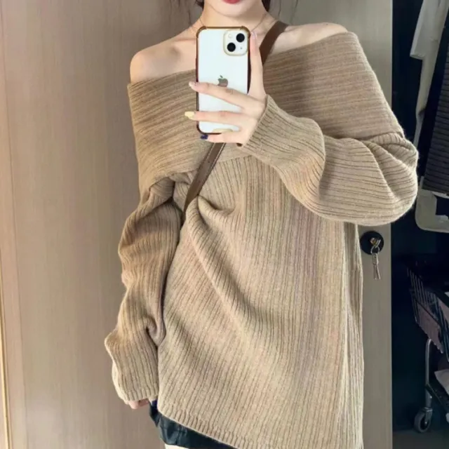 Lazy Style Shoulder revealing Red Atmosphere Off shoulder Sweater Khaki - Shop at LoveMi