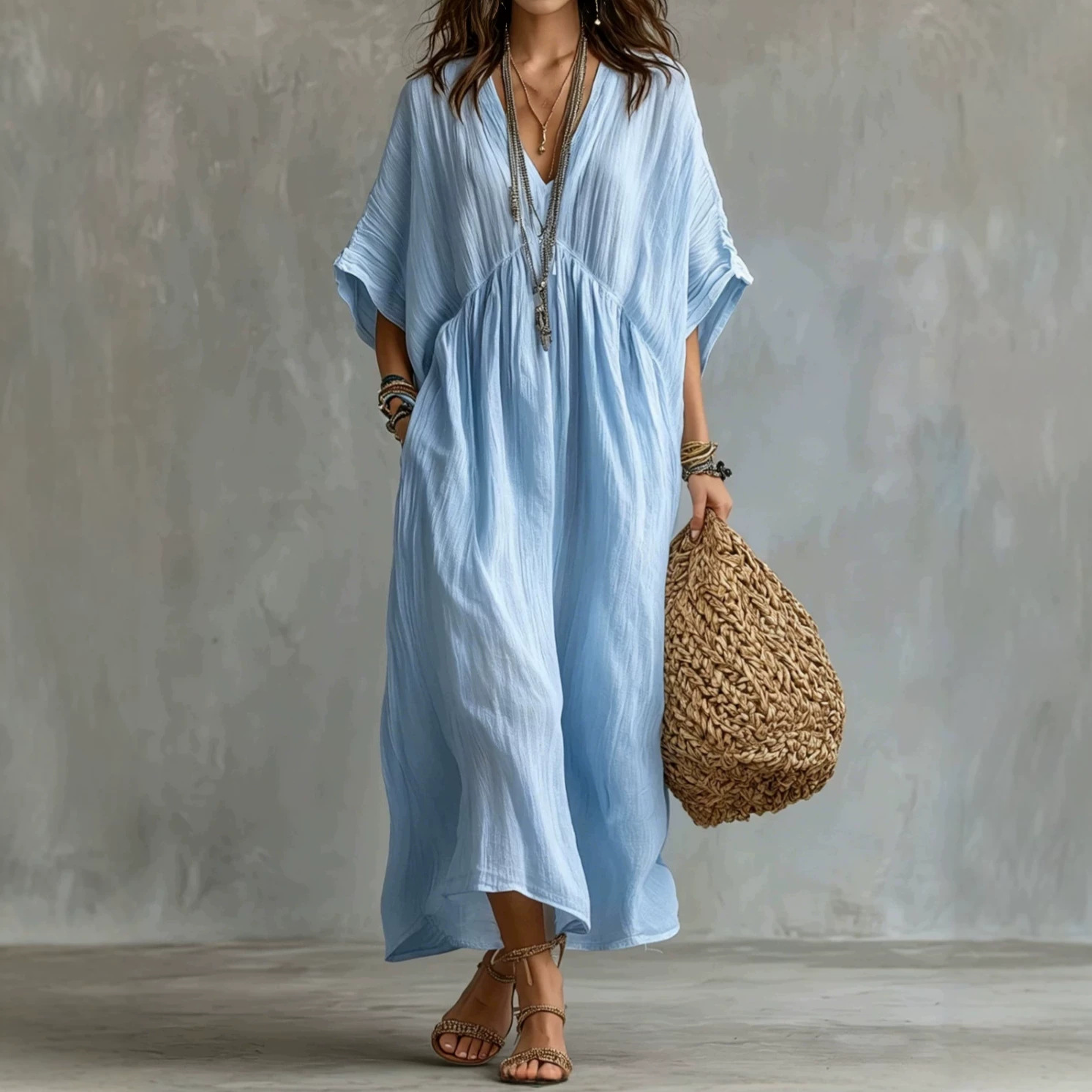 Solid-color Cotton-linen Loose-fit Casual Dress For Women