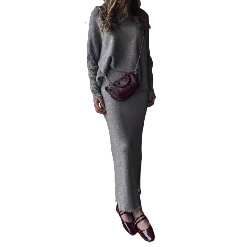 Temperament Pure Color Long Sleeve Long Pullover Two-piece Overskirt Suit