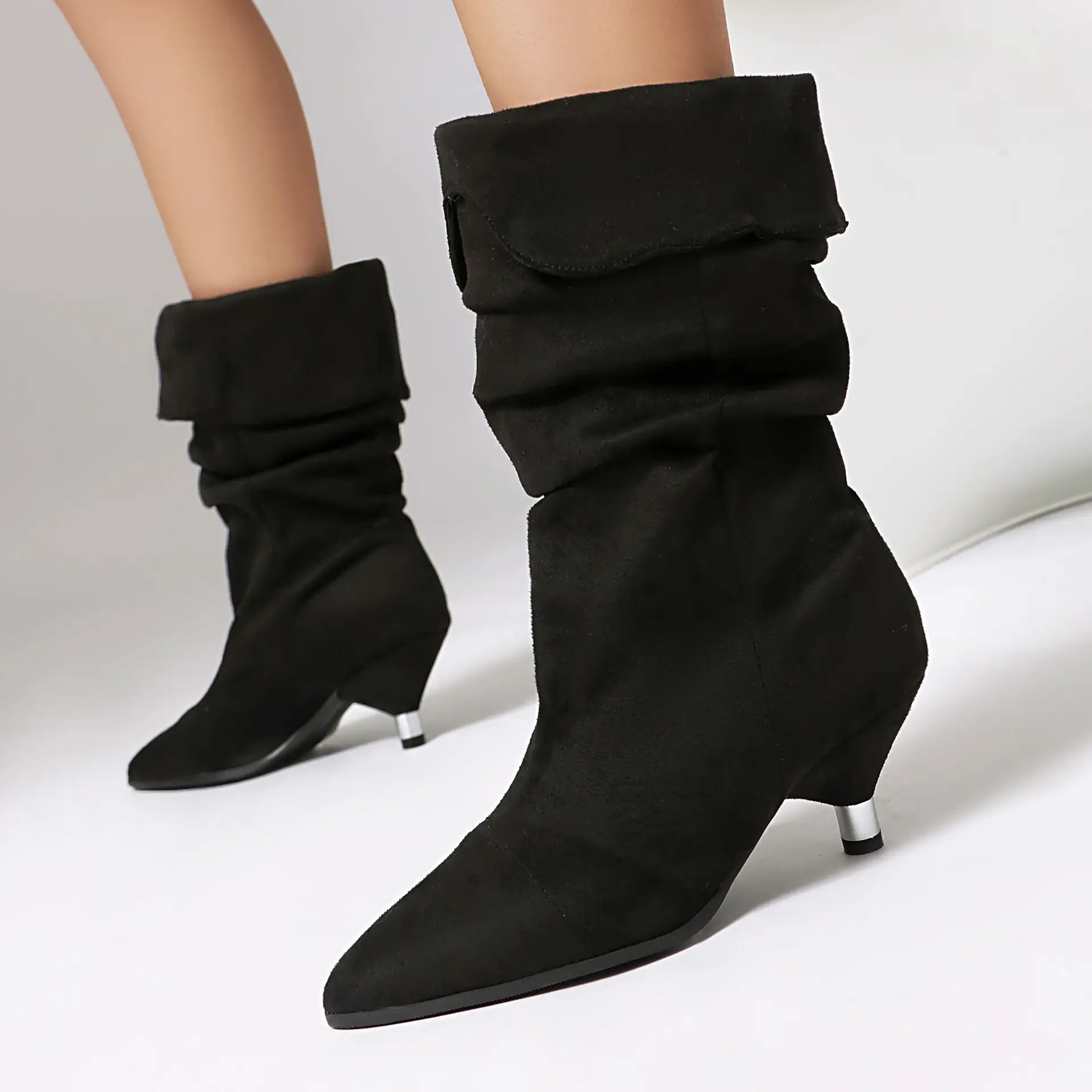 Stiletto-Heel Leopard-Print Pointed-Toe Ankle Boots With Turned-Over Cuffs