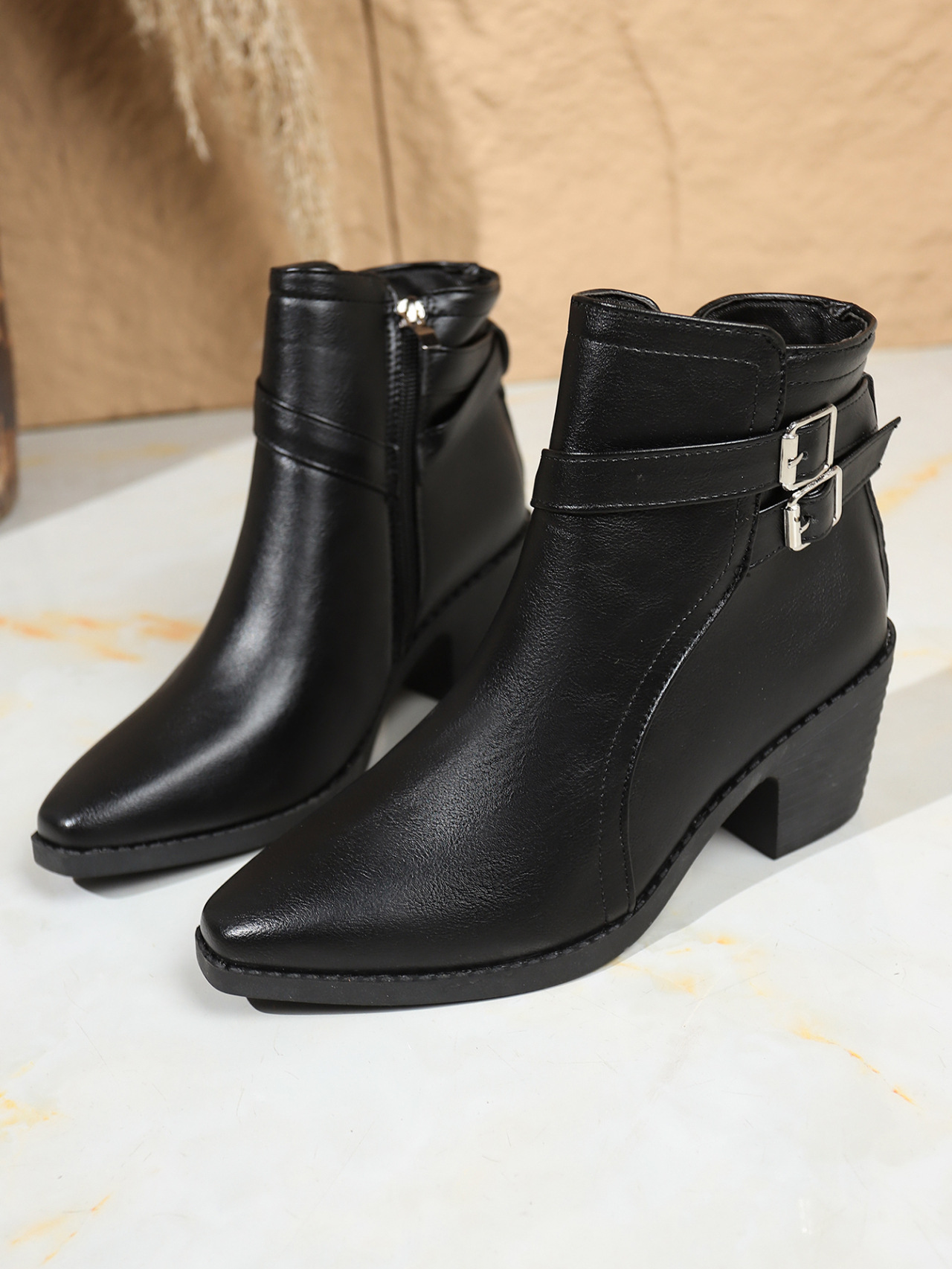 Sarah Express Buckle Ankle Boots Pointed Toe Detail