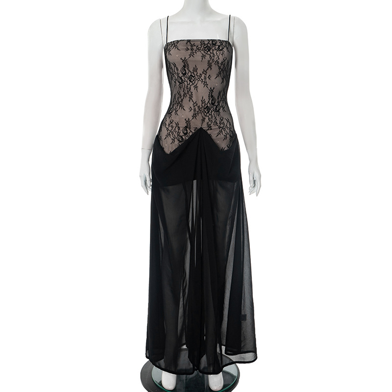 European And American Strap Tube Top Lace Sexy Long Dress Black - Shop at LoveMi
