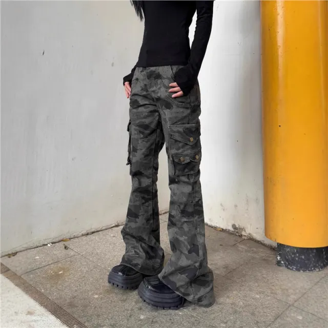 Multi Pocket Flared Slimming Camo Denim Jeans Red - Shop at LoveMi