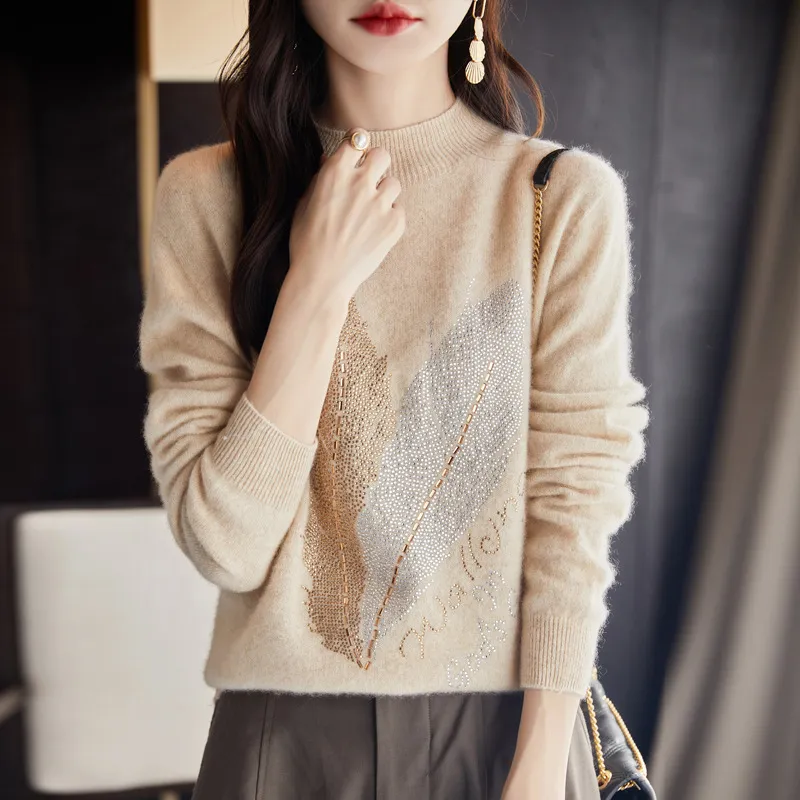 Half Turtleneck Rhinestone Sweater Pullover Inner Wear Sweater - Raw Velvet Rice