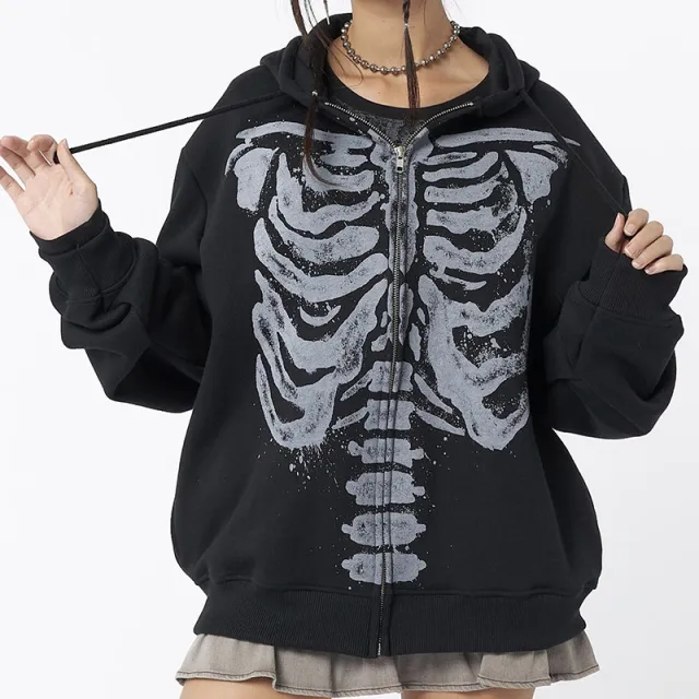 Skeleton Long Sleeve Round Neck Cardigan Printed Loose Sweatshirt Black - Shop at LoveMi