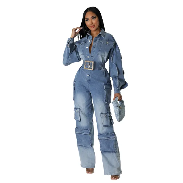 European And American Overalls Washed And Worn Denim Jumpsuit More Pockets Blue - Shop at LoveMi