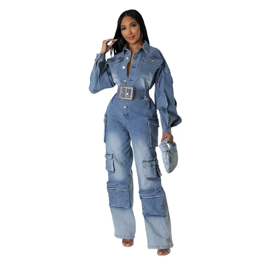 European And American Overalls Washed And Worn Denim Jumpsuit More Pockets - Blue