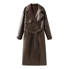 Women's Clothing French Fashion Design Sense Minority All-match Casual Extended Leather Coat - Brown - View 1