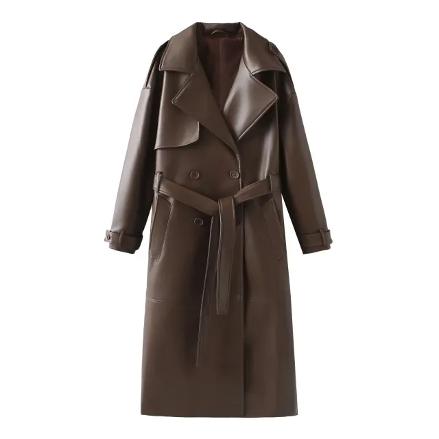 Women's Clothing French Fashion Design Sense Minority All match Casual Extended Leather Coat Brown - Shop at LoveMi