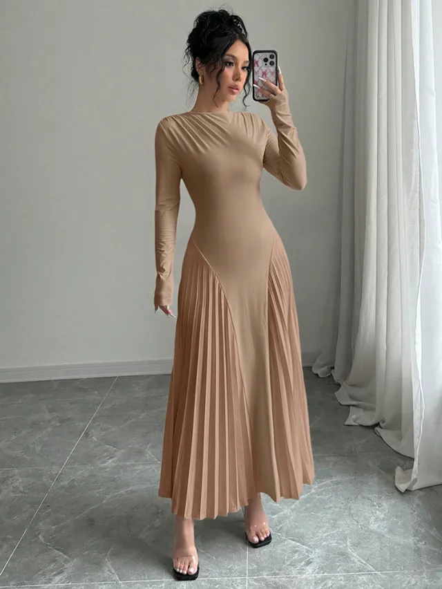 Long Sleeve Knitted Long Skirt Pleated Dress Elegant Khaki - Shop at LoveMi