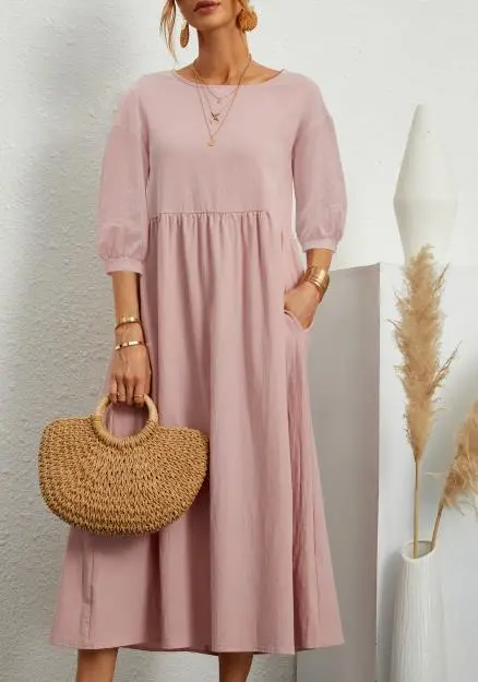 Lantern Sleeve Loose Cotton And Linen Pocket Dress Pink - Shop at LoveMi