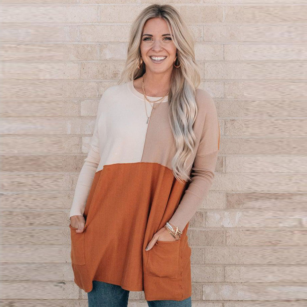 Women's Orange Pocket Color Matching Long-sleeved Top