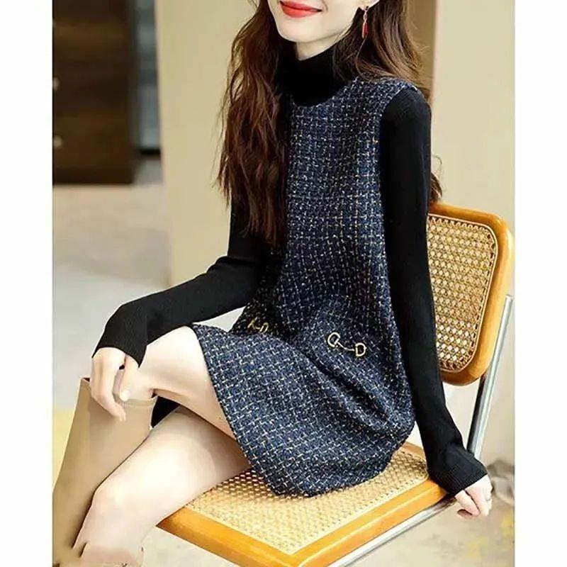 Slim fit Round Neck Light Luxury French Vest Dress Navy - Shop at LoveMi